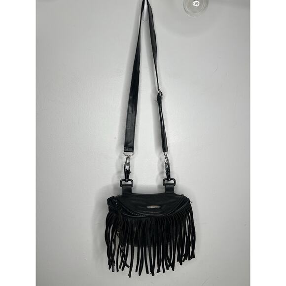 Leather Biker Bag Motorcycle Pouch Black Fringe Casper’s Leather USA Small - Picture 4 of 13